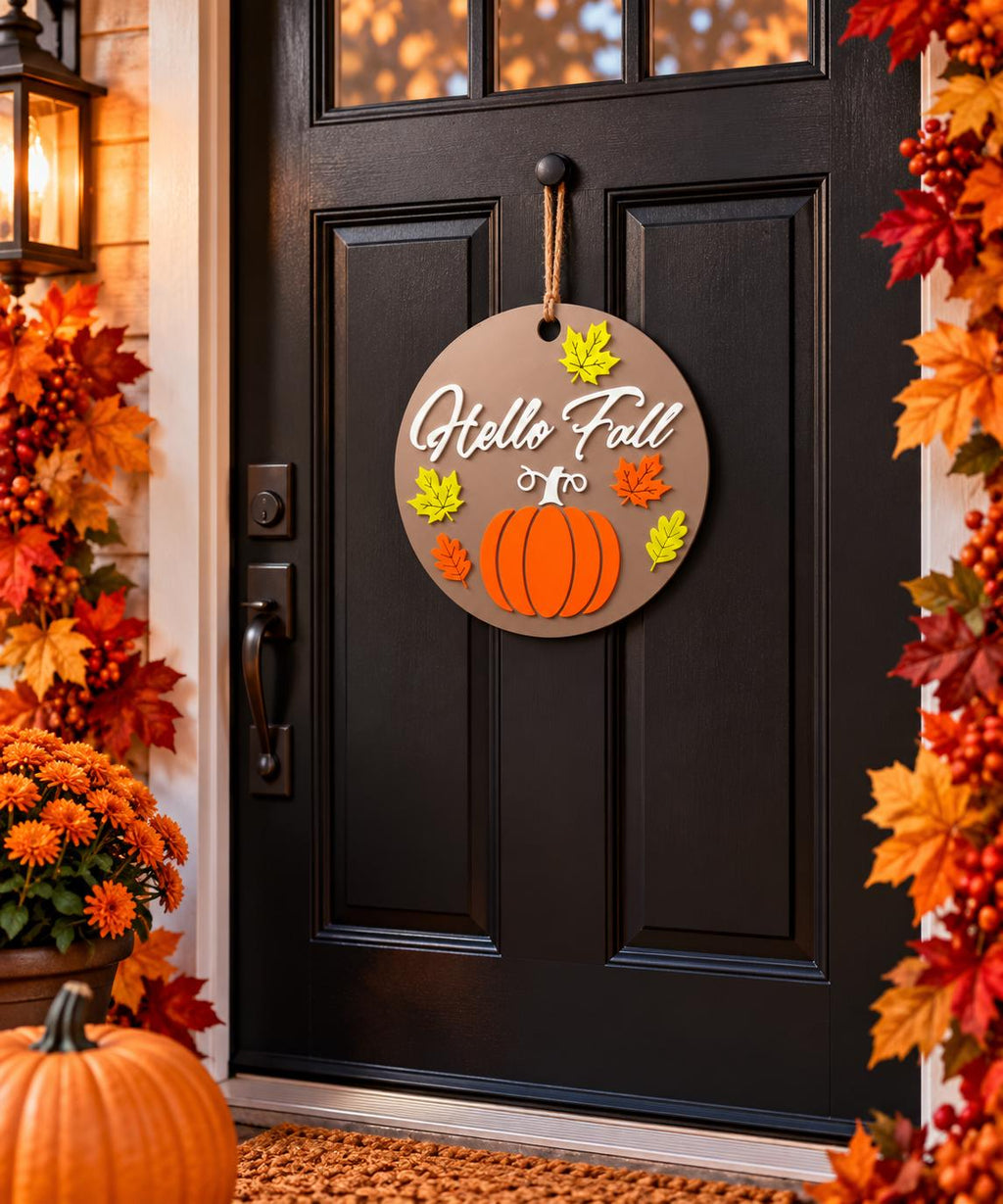 Hello Fall Door Sign Fall Leaves 3D Printed Autumn Decor