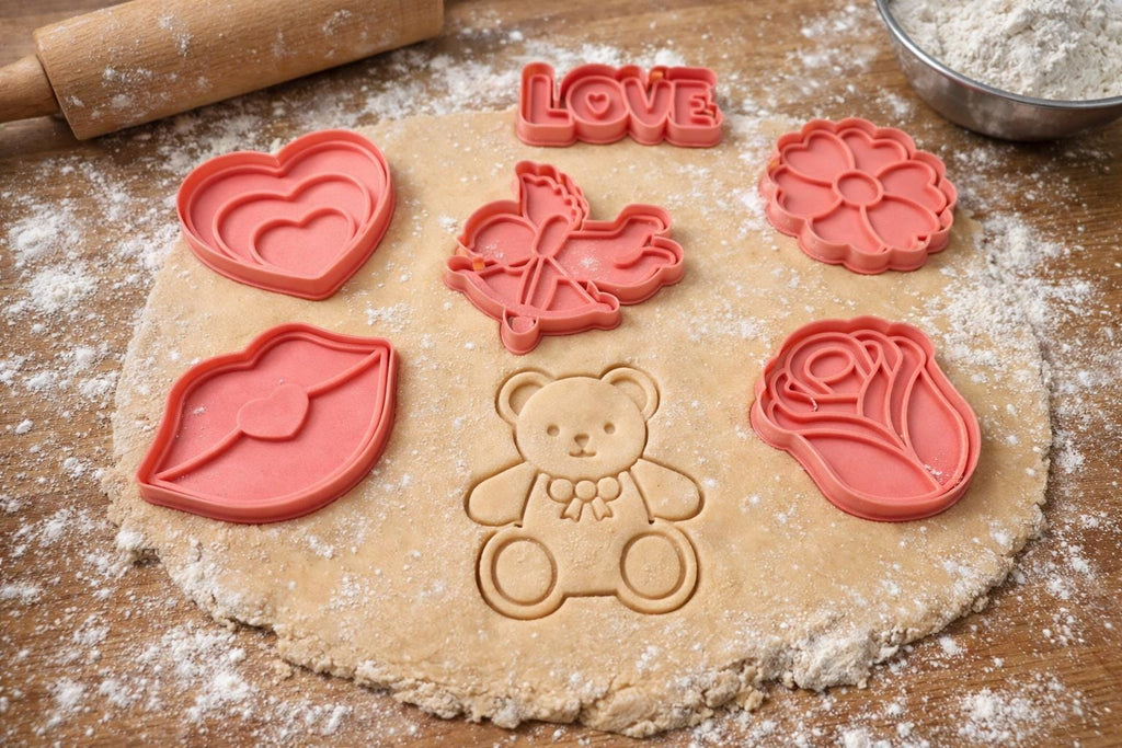 3D Printed Cookie Cutter & Press Set | Playdough Cutters | Valentine Heart, Teddy and Love Shapes