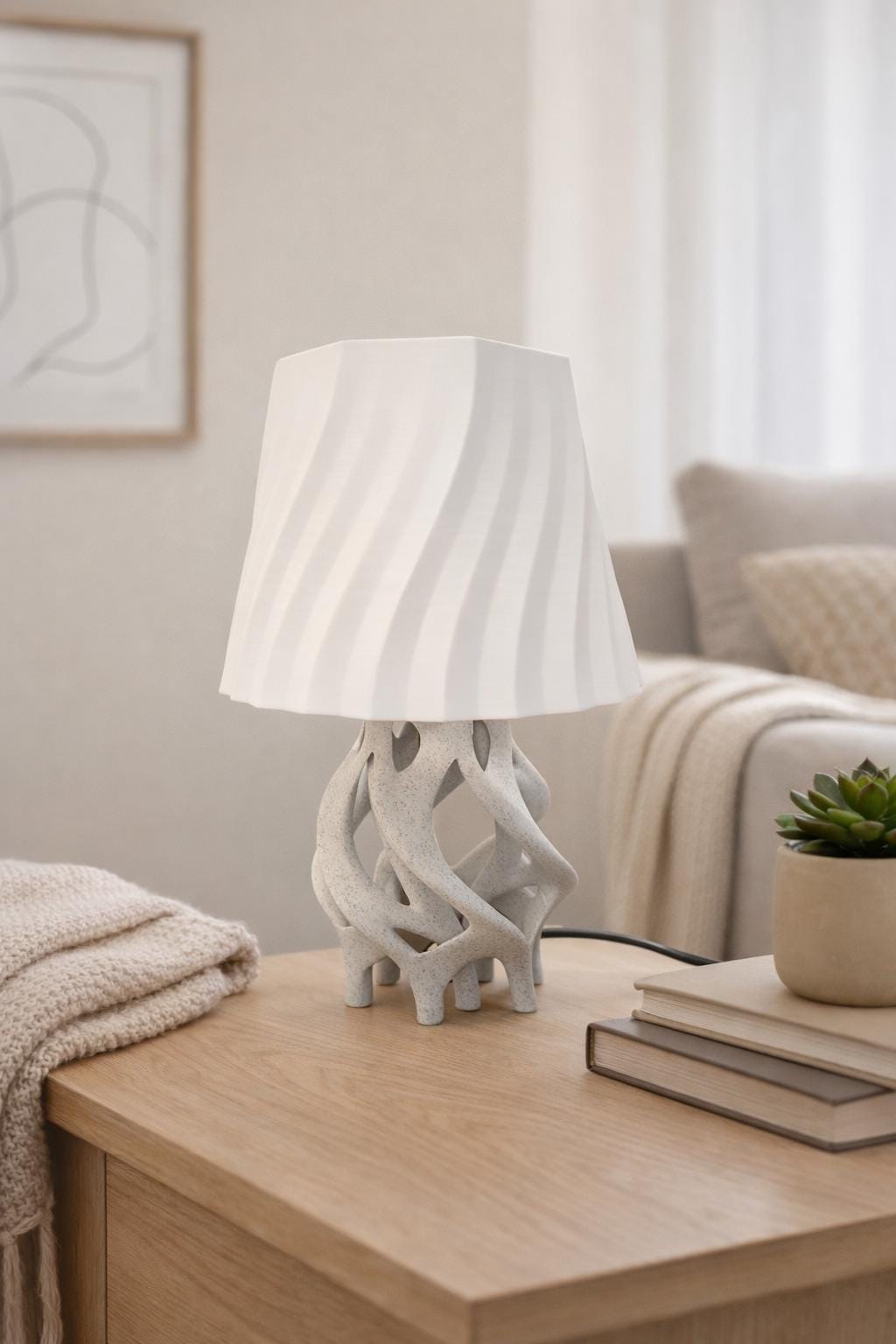 3D Printed Marble Table Lamp – Modern Wavy Shade Home Decor