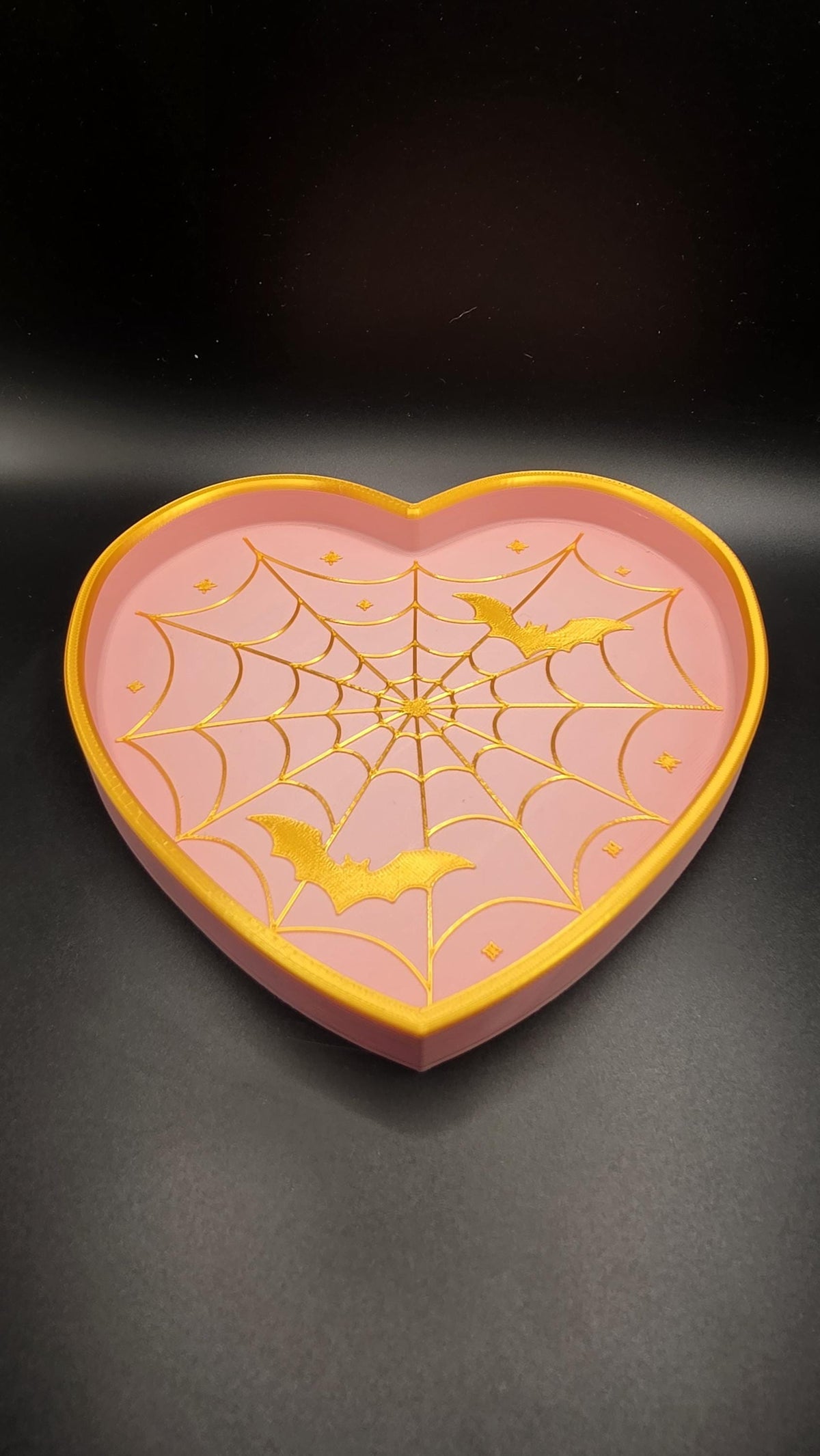 Heart-Shaped Halloween Spiderweb Bats Trinket Dish, 3D Printed Candy Holder