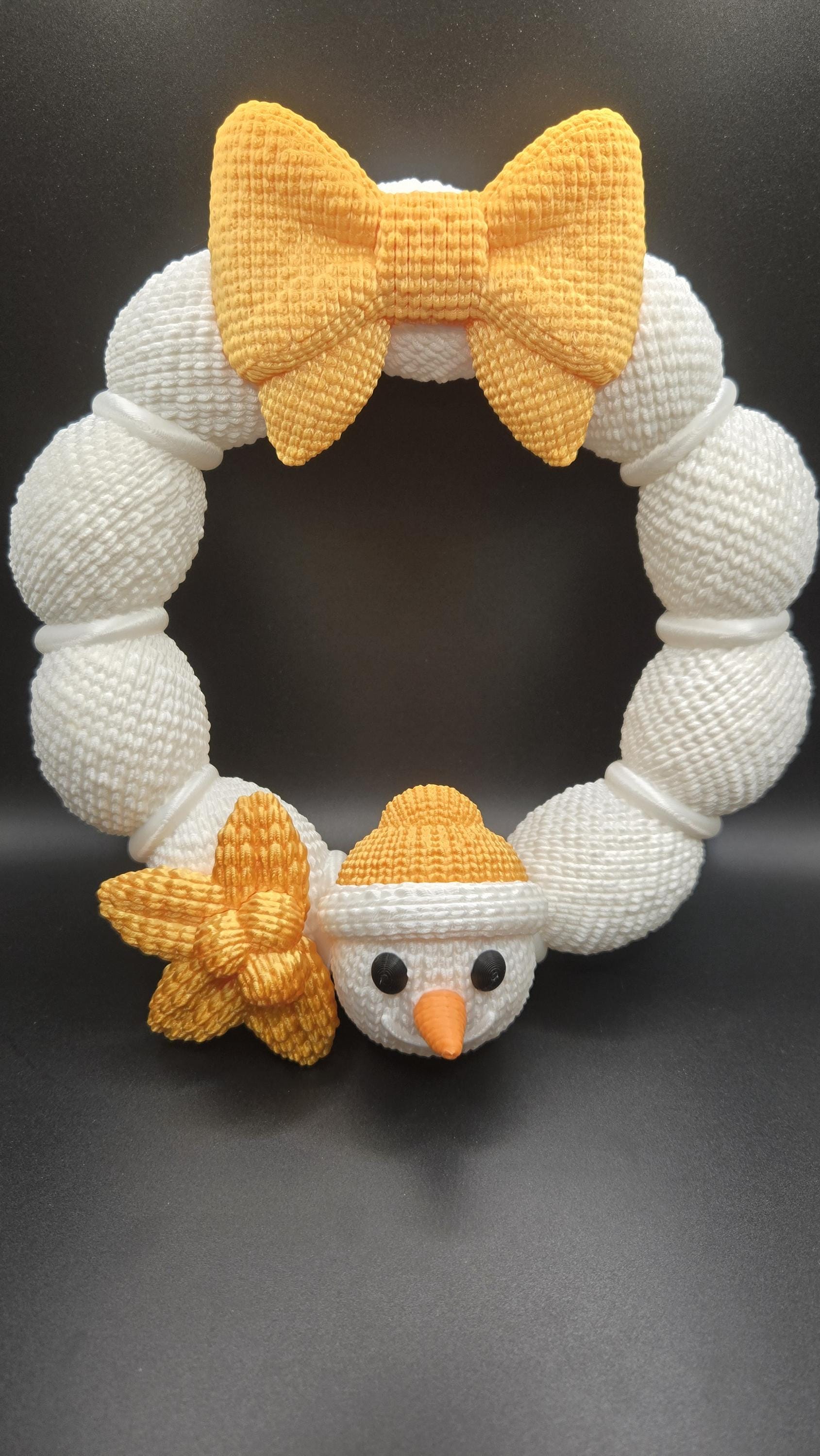 Knit Design Snowman Wreath, Gold and White 3D Printed Winter Door Decor