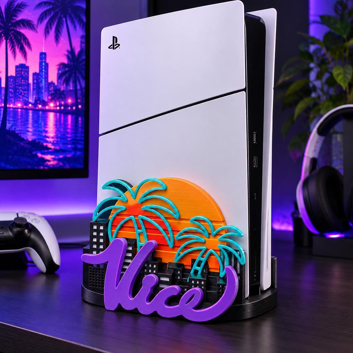PS5 Slim Stand | Miami Vice Gaming Stand | 3D Printed PlayStation 5 Slim Vertical Stand | Retro Neon Gamer Decor | PS5 Accessory