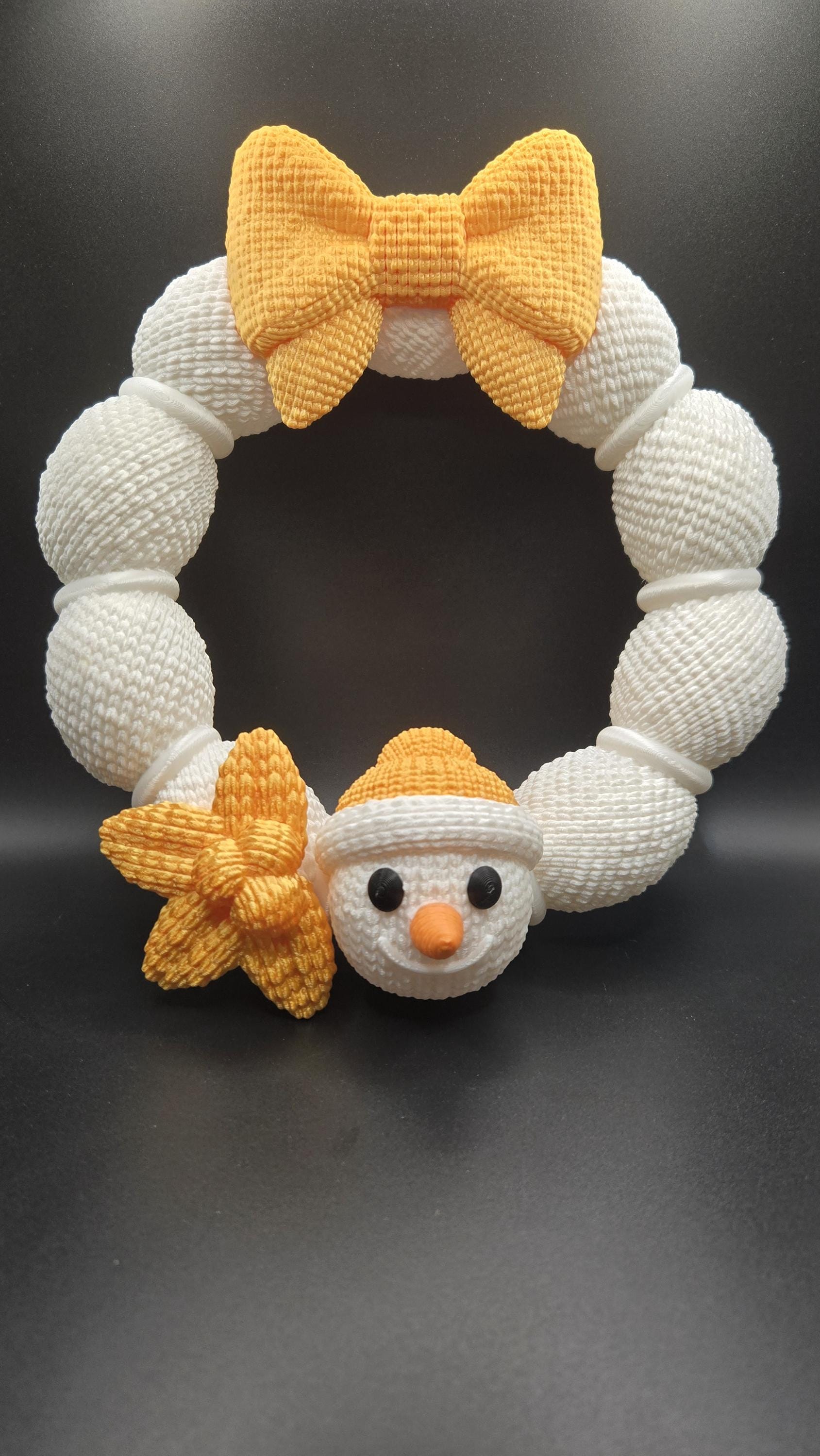Knit Design Snowman Wreath, Gold and White 3D Printed Winter Door Decor