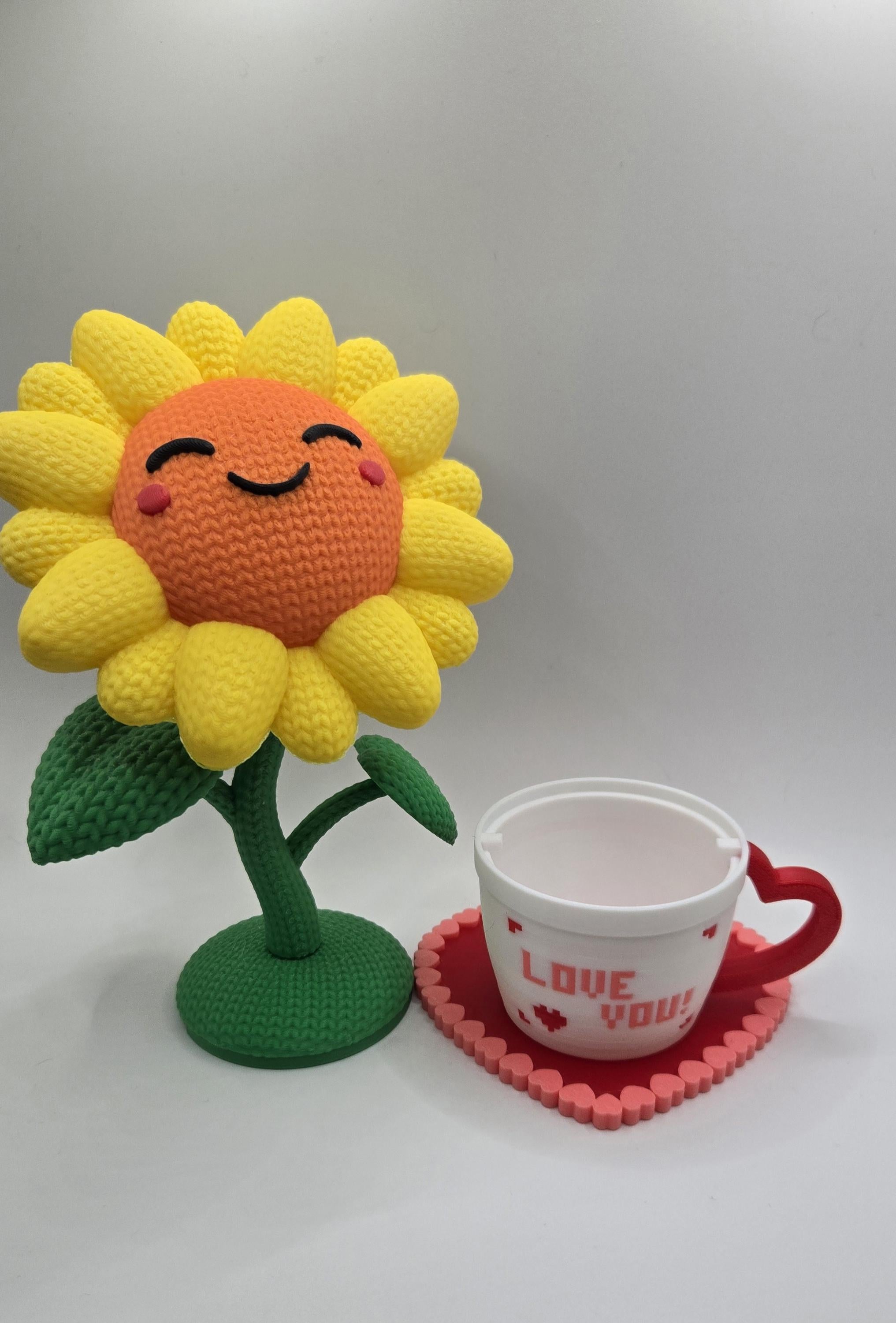 3D Printed Crochet Style Sunflower Mug, Secret Compartment Trinket Box